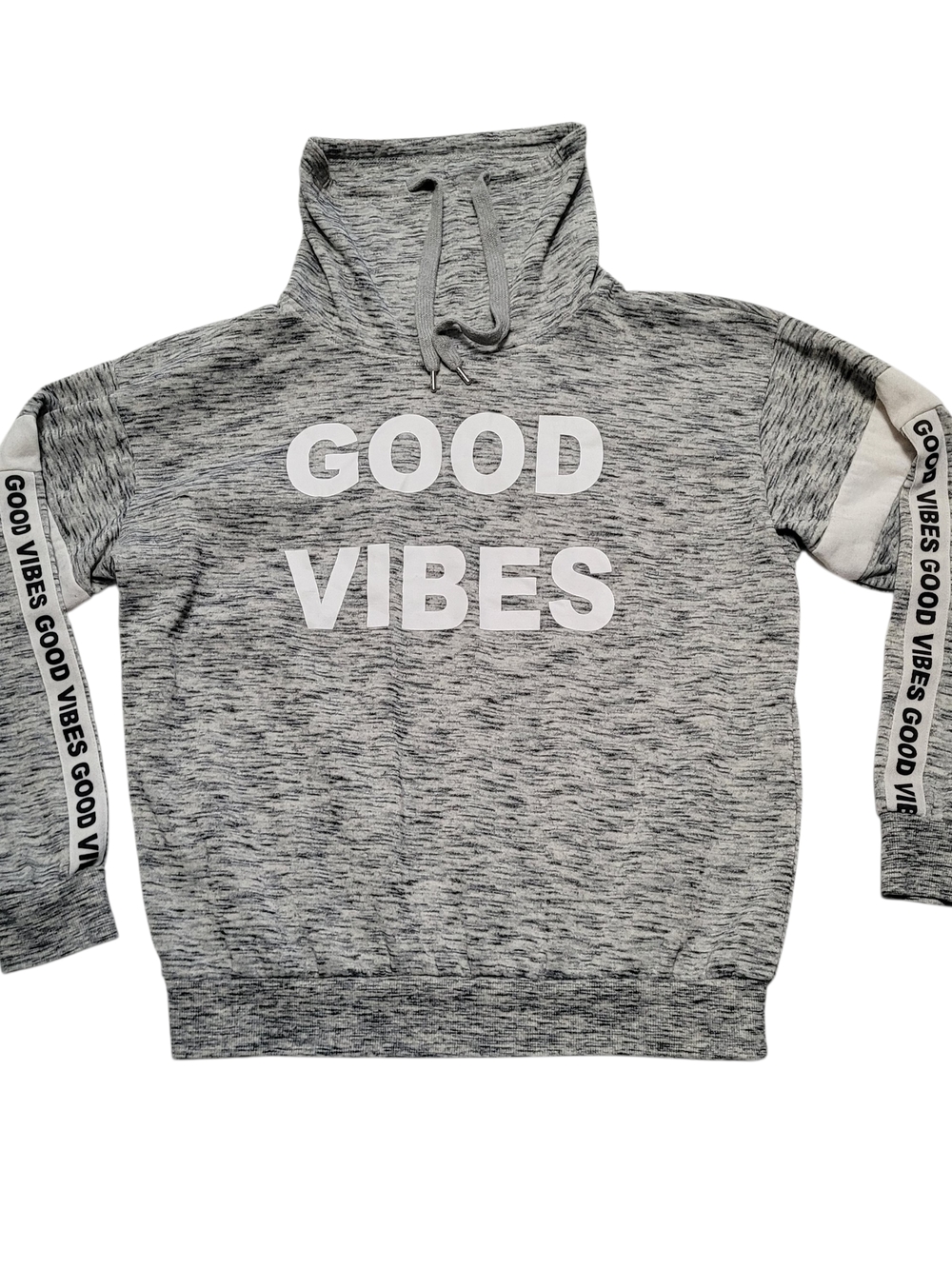 Good Vibes Heather Gray Pullover Hoodie Sweatshirt Cowl Neck Drawstring Comfy XL